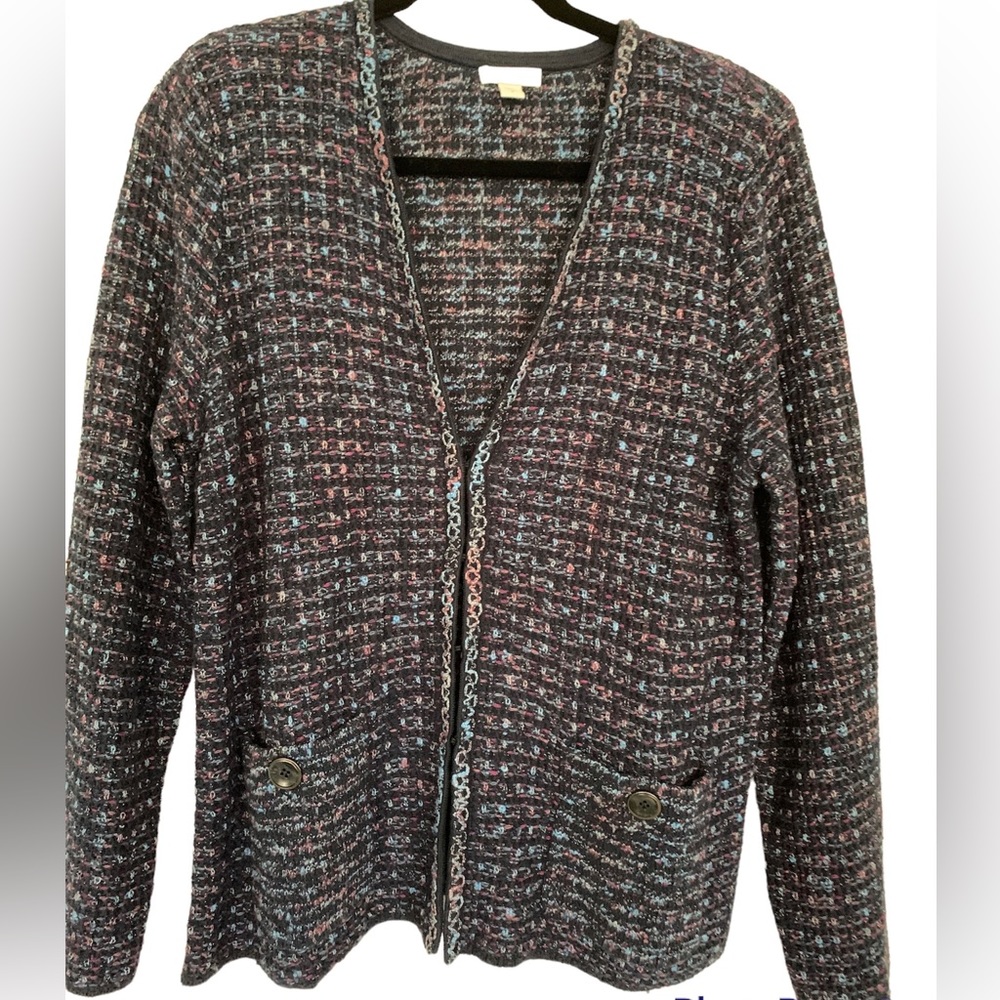 J Jill blue tweed long sleeve medium weight sweater/cardigan, size m